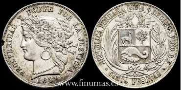 PERU - K-201.1 - 5 Pesetas 1880 B. VARIANTE.  MBC+  PLATA