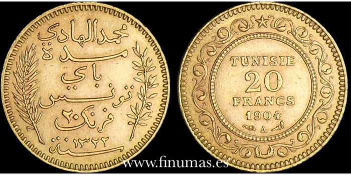 TUNEZ - K-227 - 20 Francos 1904 A. EBC - ORO