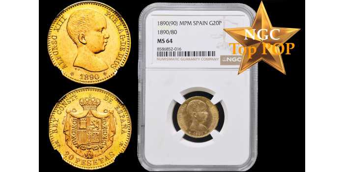 Cy16710JNGC.- ALFONSO XIII - 20 pesetas 1890/80 (18-90) MPM. NGC MS64 TOP POP