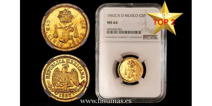 MEXICO - K-412.2 - 5 PESOS 1882 Cn.D - MS64 NGC