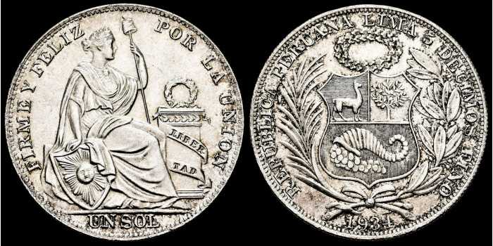 PERU - K-218.2 - 1 Sol 1934. SC+ SILVER