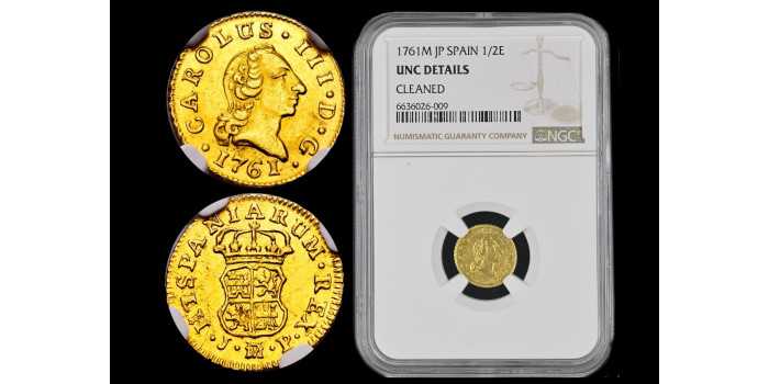 Cy11355.- CARLOS III 1/2 ESCUDO 1761 MADRID J.P. NGC UNC DETAILS- ORO