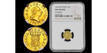 Cy11355.- CARLOS III 1/2 ESCUDO 1761 MADRID J.P. NGC UNC DETAILS- ORO