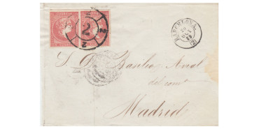 4 Cuartos1856 - Rueda de carreta Nº  2 - Barcelona - sobre fragmento con 2 sellos
