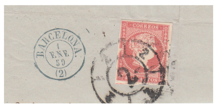 4 Cuartos1856 - Rueda de carreta Nº  2 - Barcelona - sobre fragmento con fechador azul