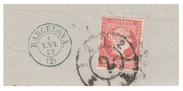 4 Cuartos1856 - Rueda de carreta Nº  2 - Barcelona - sobre fragmento con fechador azul