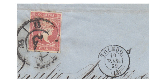 4 Cuartos1856 - Rueda de carreta Nº 13 - Toledo - sobre fragmento con fechador