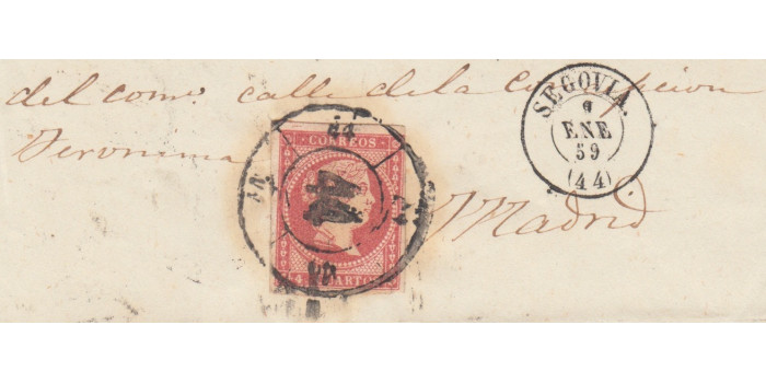 4 Cuartos1856 - Rueda de carreta Nº 44 - Segovia - sobre fragmento con fechador