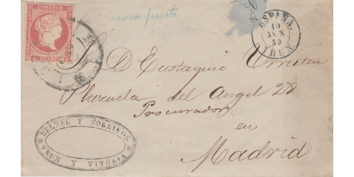 4 Cuartos1856 - Rueda de carreta Nº 50 - Irun - carta con fechador España Irun y llegada a Madrid