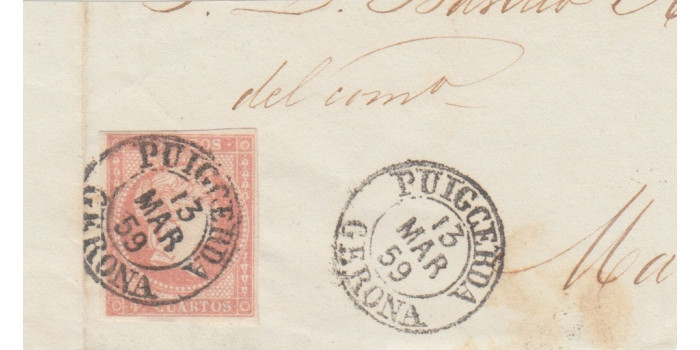 4 cuartos1856 - fechador- Puigcerda tipo I - Gerona sobre fragmentol