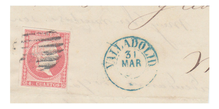 4 cuartos1856 - Parrilla Negra sobre fragmento y fechador Valladolid * en azul