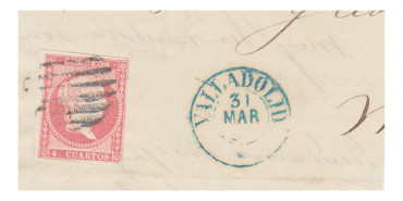 4 cuartos1856 - Parrilla Negra sobre fragmento y fechador Valladolid * en azul