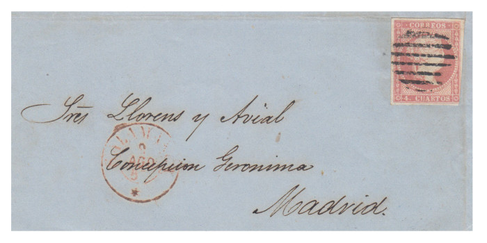 4 cuartos1856 - Parrilla Negra sobre fragmento y fechador Salamanca tipo 1 en rojo 