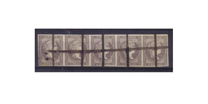 Nº0050 - 2 reales 1855, tira de 5 matasello de plumilla