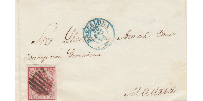 Nº0033fr - 4 CUARTOS 1854 frontalcon parrilla negra y fechador de Barcelona en azul