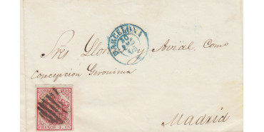 Nº0033fr - 4 CUARTOS 1854 frontalcon parrilla negra y fechador de Barcelona en azul