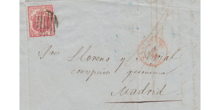 Nº0033fra - 4 CUARTOS 1854 frontal con parrilla negra y fechador de Santander en rojo