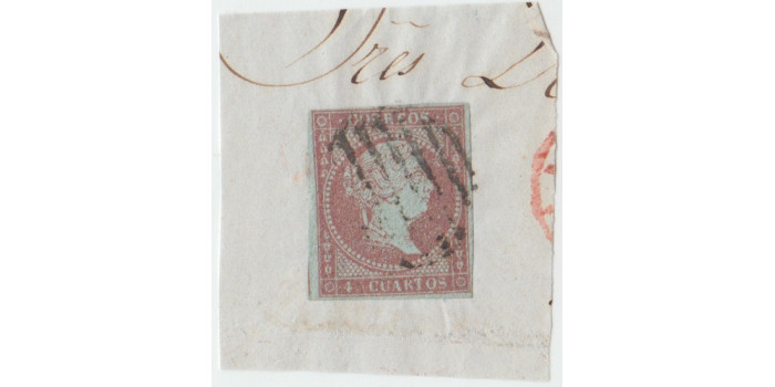 Nº0040v1 - 4 CUARTOS 1855 variedad T empastada falta parte del trazo superior USADO