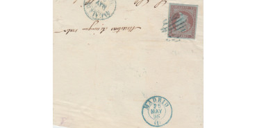 Nº0040pf1 - 4 CUARTOS 1855 fragmento con parrilla azul y fechador Alcala de H. en azul