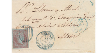 Nº0040pf2 - 4 CUARTOS 1855 fragmento con parrilla azul y fechador Chinchon tipo 1 en azul
