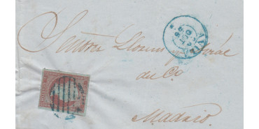 Nº0040pf3 - 4 CUARTOS 1855 fragmento con parrilla azul y fechador Avila en azul