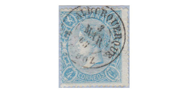 Nº0075f3 - 4 cuartos 1865, fechador  Alburquerque/ Badajoz tipo 1º